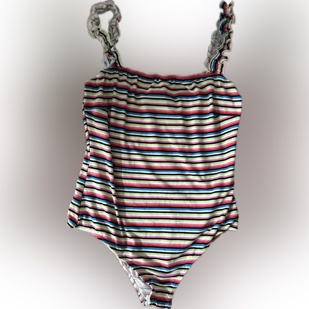 Blue Blush striped bodysuit, ruffle straps, Medium